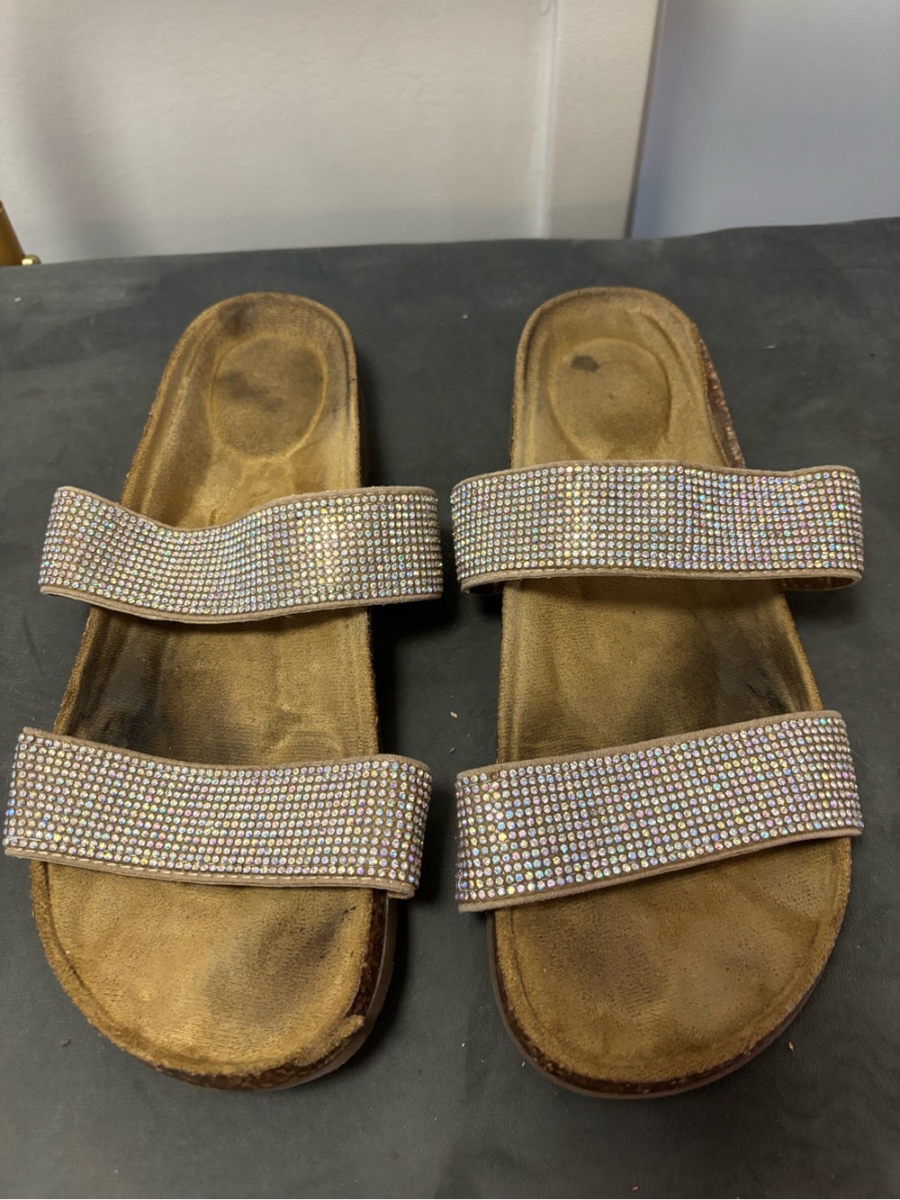 Women's Double-Strap Jeweled Slide Sandals - Tan with Crystal Accents